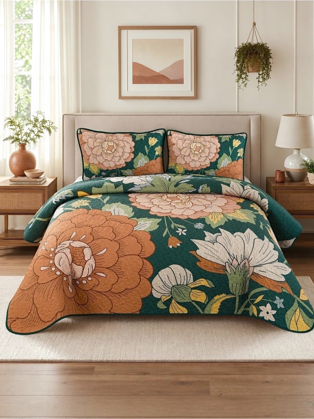 NEW Anthropologie Floral Print Multicolor Boho Queen King Bedding Quilt Sham Set